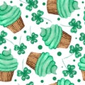 Seamless watercolor hand drawn pattern with green cupcakes for St. Patricks day celebration tradition. Lucky clover Royalty Free Stock Photo