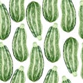 Seamless watercolor hand drawn pattern with green zucchini courgette, farmers organic natural ripe vegetables