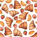 Seamless watercolor hand drawn pattern of half croissants with strawberry, orange jam filling Royalty Free Stock Photo