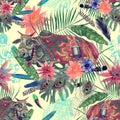 Seamless watercolor hand drawn pattern with indian cow, leaves, flowers. Royalty Free Stock Photo