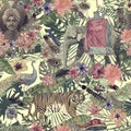 Seamless hand drawn watercolor pattern with elephant, tiger, peacock, flowers, feathers, maharajah Royalty Free Stock Photo