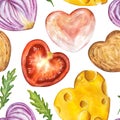 Seamless watercolor hand drawn pattern of sliced heart shaped sandwich ingredients