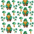 Seamless watercolor hand drawn pattern with St Patricks day elements, Irish Ireland gnomes dwarfs leprechauns in green hats,