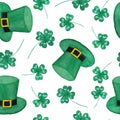 Seamless watercolor hand drawn pattern with St Patricks day parade elements, green emerald hats Irish Ireland gnomes Royalty Free Stock Photo