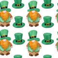 Seamless watercolor hand drawn pattern St Patricks day parade elements, Irish Ireland gnomes dwarfs leprechauns in green emerald Royalty Free Stock Photo