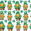 Seamless watercolor hand drawn pattern with St Patricks day parade elements, Irish Ireland gnomes dwarfs leprechauns in