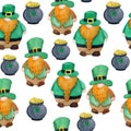 Seamless watercolor hand drawn pattern with St Patricks day parade elements Irish Ireland gnomes dwarfs leprechauns in