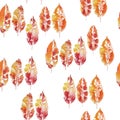 seamless watercolor hand drawn pattern of stamp imprint grunge fall autumn leaf leaves. Bright orange yellow red color Royalty Free Stock Photo