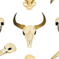 Seamless watercolor illustration. The skull of a bull, the skull of a cat, the skull of a crow