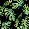 Seamless watercolor illustration of tropical leaves, dense jungle.