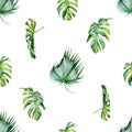 Seamless watercolor illustration of tropical leaves, dense jungle. Royalty Free Stock Photo