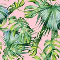 Seamless watercolor illustration of tropical leaves, dense jungle. Royalty Free Stock Photo