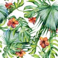 Seamless watercolor illustration of tropical leaves, dense jungle. Royalty Free Stock Photo