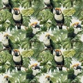 seamless watercolor jungle pattern with parrots and tropical leaves