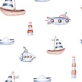 Seamless watercolor nautical pattern with lighthouse boats, ships, vessels on white background, octopus and dolphin perfect for