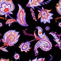 Seamless watercolor paisley pattern on black background