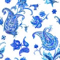 Seamless watercolor paisley pattern in blue tones on a white background, watercolor drawing.