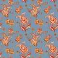 Seamless watercolor paisley pattern on gray background,