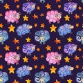 Seamless watercolor patten with fairy sheep and stars on a purple background