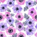 Seamless watercolor pattern of anemones on a white background