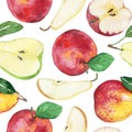 Seamless watercolor Pattern of apple and pear on a white background. Isolated hand draw illustration Royalty Free Stock Photo