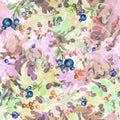 Seamless watercolor pattern of autumn leaves.purple, pink, lilac maple and oak leaf. berry branch, blueberries, currant.stylish pa Royalty Free Stock Photo