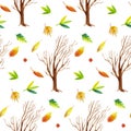 A seamless watercolor pattern, autumn trees and leaves.