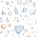 Seamless watercolor Pattern with Baby Toys and rattles. Hand drawn illustration with pinwheel, teether, balloons and