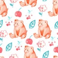 Seamless watercolor pattern with bear,apple,berries and leaf