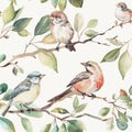 Seamless watercolor pattern with birds gracefully perched on branches Royalty Free Stock Photo