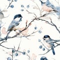 Seamless watercolor pattern with birds gracefully perched on branches Royalty Free Stock Photo