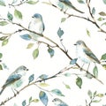 Seamless watercolor pattern with birds gracefully perched on branches Royalty Free Stock Photo