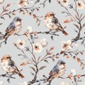 Seamless watercolor pattern with birds gracefully perched on branches Royalty Free Stock Photo