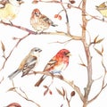 Seamless watercolor pattern with birds gracefully perched on branches Royalty Free Stock Photo