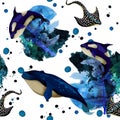 Seamless watercolor pattern with blots and whales. Vector.