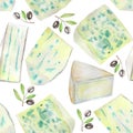 A seamless watercolor pattern with the blue cheeses and black olives. Painted on a white background.