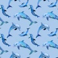 Seamless watercolor pattern with blue dolphins. Ocean animals on blue background. Textile print with hand drawn dolphin, Royalty Free Stock Photo