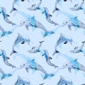 Seamless watercolor pattern with blue dolphins. Ocean friendly animal background.