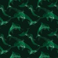 Seamless watercolor pattern with blue dolphins. Textile print with hand drawn dolphin, Royalty Free Stock Photo