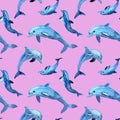 Seamless watercolor pattern with blue dolphins on pink background.