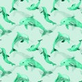 Seamless watercolor pattern with blue dolphins. Textile print with hand drawn dolphin, Royalty Free Stock Photo