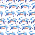 Seamless watercolor pattern of blue lively crab attacked with claws from above. Repeating design of marine and oceanic animal