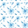 Seamless watercolor pattern with blue poppies and leaves Royalty Free Stock Photo