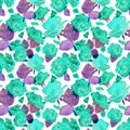 Seamless watercolor pattern of blue roses, violet leaves, roses petals. Hand painted illustration on white background. Royalty Free Stock Photo