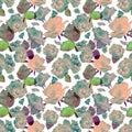 Seamless watercolor pattern of blue roses, violet leaves, roses petals. Hand painted illustration on white background.