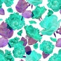 Seamless watercolor pattern of blue roses, violet leaves, roses petals. Hand painted illustration on white background. Royalty Free Stock Photo