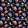 Seamless watercolor pattern of blue steamer and boats and ships with flags. Ships in cartoon style. Royalty Free Stock Photo