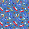 Seamless watercolor pattern of blue steamer and boats and ships with flags. Ships in cartoon style. Royalty Free Stock Photo