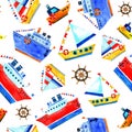 Seamless watercolor pattern of blue steamer and boats and ships with flags. Ships in cartoon style. Royalty Free Stock Photo