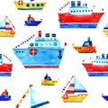 Seamless watercolor pattern of blue steamer and boats and ships with flags. Ships in cartoon style. Royalty Free Stock Photo